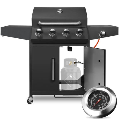 Gasbarbecue - BBQ-grill - Rookloze Barbecue - met Zijbrander - RVS Paneel - Thermometer - Groot Kookoppervlak - 52,000 BTU - 135 x 44 x 136 cm - Zwart