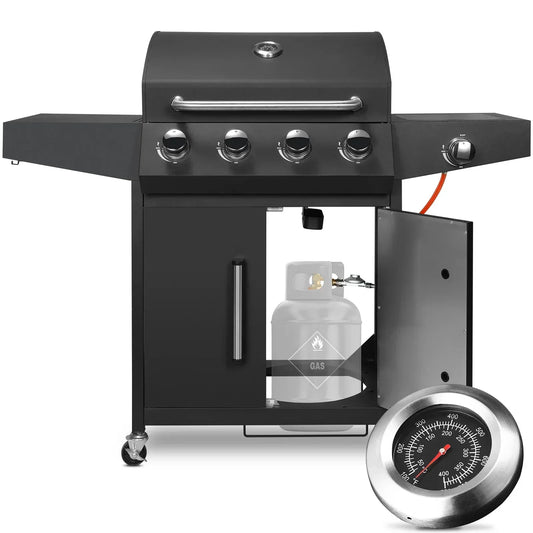 Gasbarbecue - BBQ-grill - Rookloze Barbecue - met Zijbrander - RVS Paneel - Thermometer - Groot Kookoppervlak - 52,000 BTU - 135 x 44 x 136 cm - Zwart