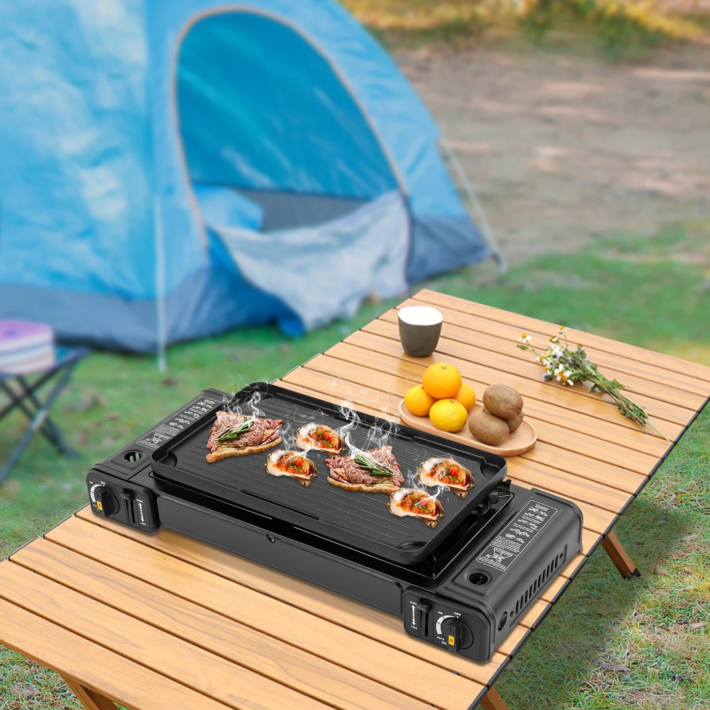 Tafel BBQ Gas – Camping Kooktoestel 2 Pitten – Draagbare Gasbrander met Draagkoffer – Verwijderbare Bakplaat – 64x28cm – Zwart