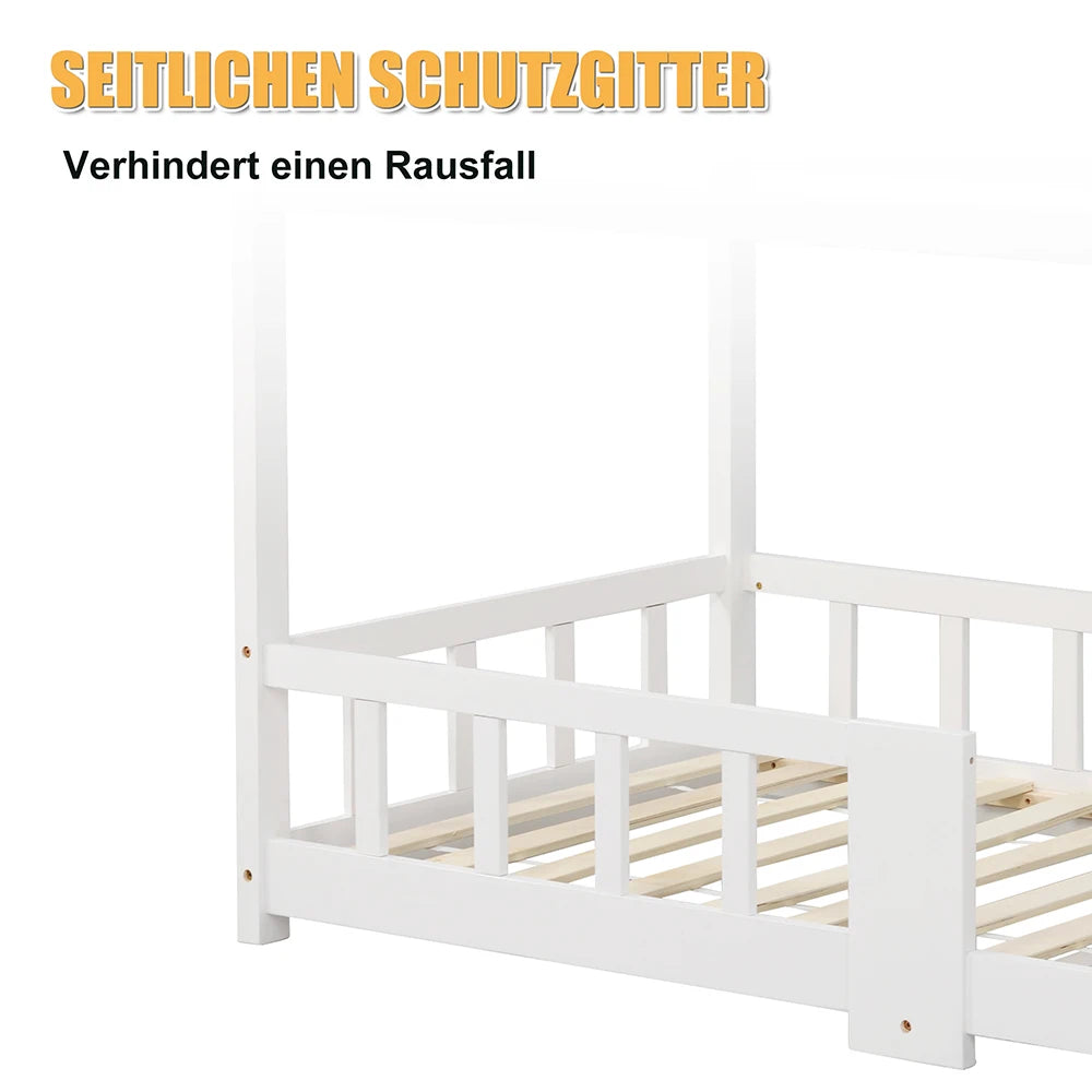 Huisbed kinderen – kinderbed – bedhuisje – kinderbedframe – peuterbed – Grenen hout – Krijtbord – 90x200 cm – Uitvalbeveiliging – Lattenbodem – Wit