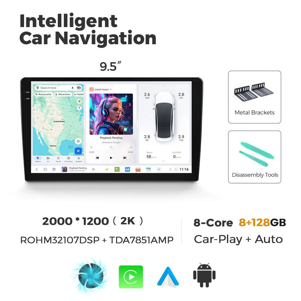 Multimedia Autoradio – Carplay Autoradio – Android Auto Radio – Universele Autoradio – 9,5 Inch Touchscreen – Android 13 Processor – 2000x1200 Resolutie