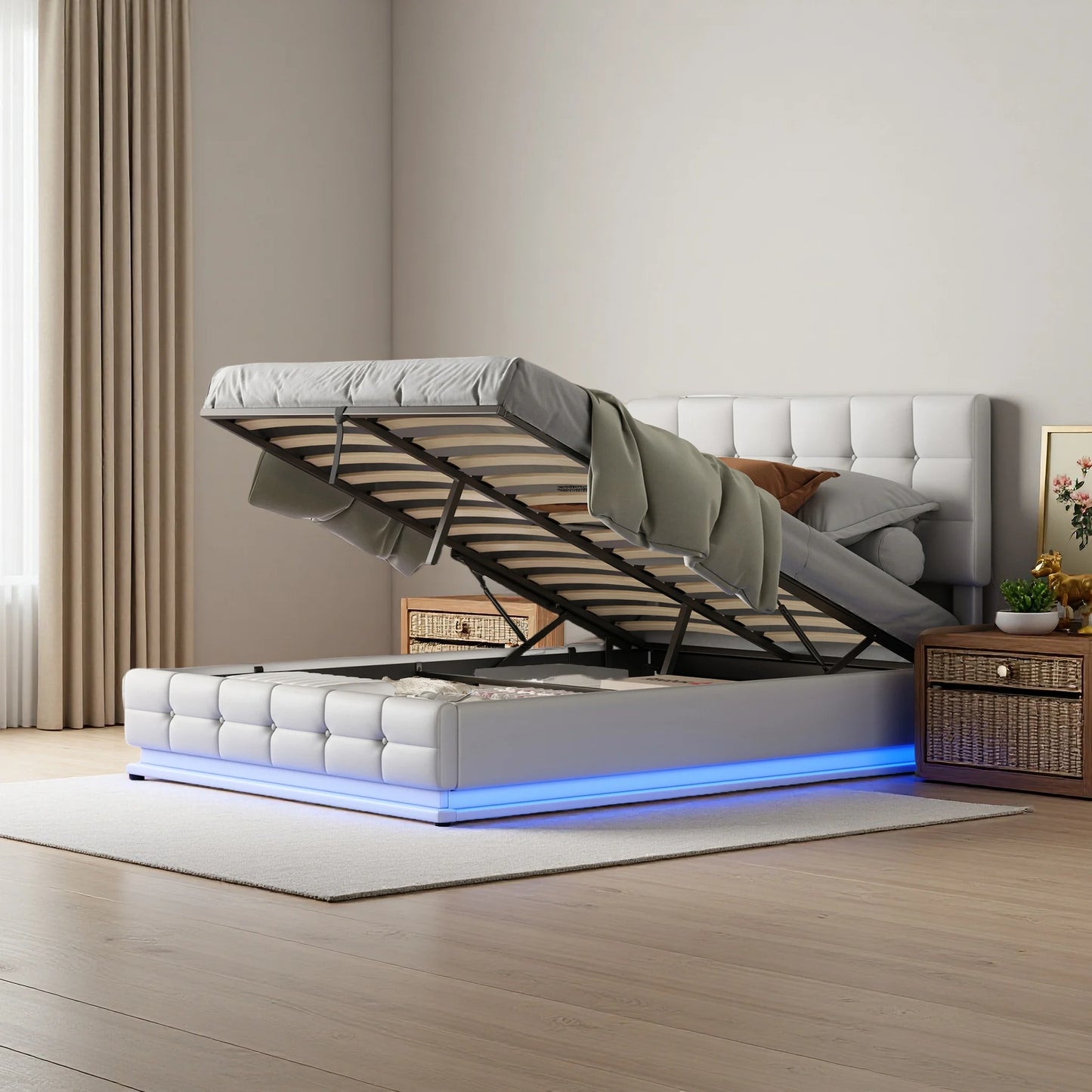 Led Bed – Tweepersoonsbed – Opbergbed – Gestoffeerd Bed – Sfeerverlichting – Hydraulisch Hefmechanisme – Hoog Draagvermogen - 140 x 200 cm