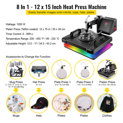 Heat Press - Transferpers - Sublimatieprinter - Heat Press Machine - 8 in 1 - 12 x15 Inch - Multifunctionele Sublimatie - voor Mok/Latte Mok/Hoed/Plaat/fles - QUORE
