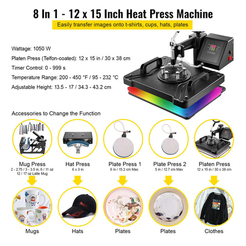 Heat Press - Transferpers - Sublimatieprinter - Heat Press Machine - 8 in 1 - 12 x15 Inch - Multifunctionele Sublimatie - voor Mok/Latte Mok/Hoed/Plaat/fles