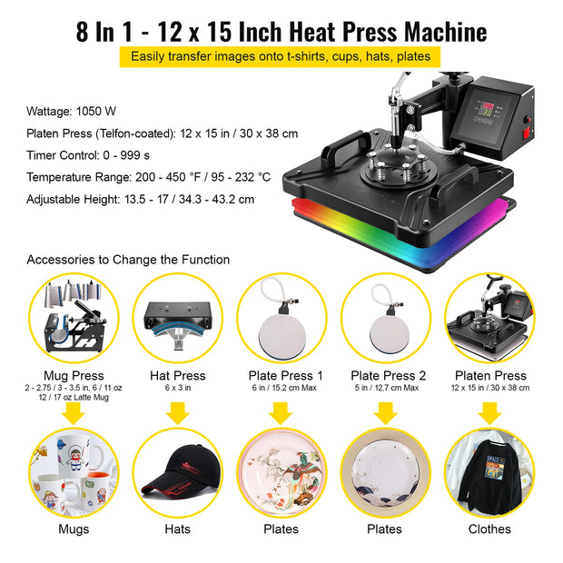 Heat Press - Transferpers - Sublimatieprinter - Heat Press Machine - 8 in 1 - 12 x15 Inch - Multifunctionele Sublimatie - voor Mok/Latte Mok/Hoed/Plaat/fles