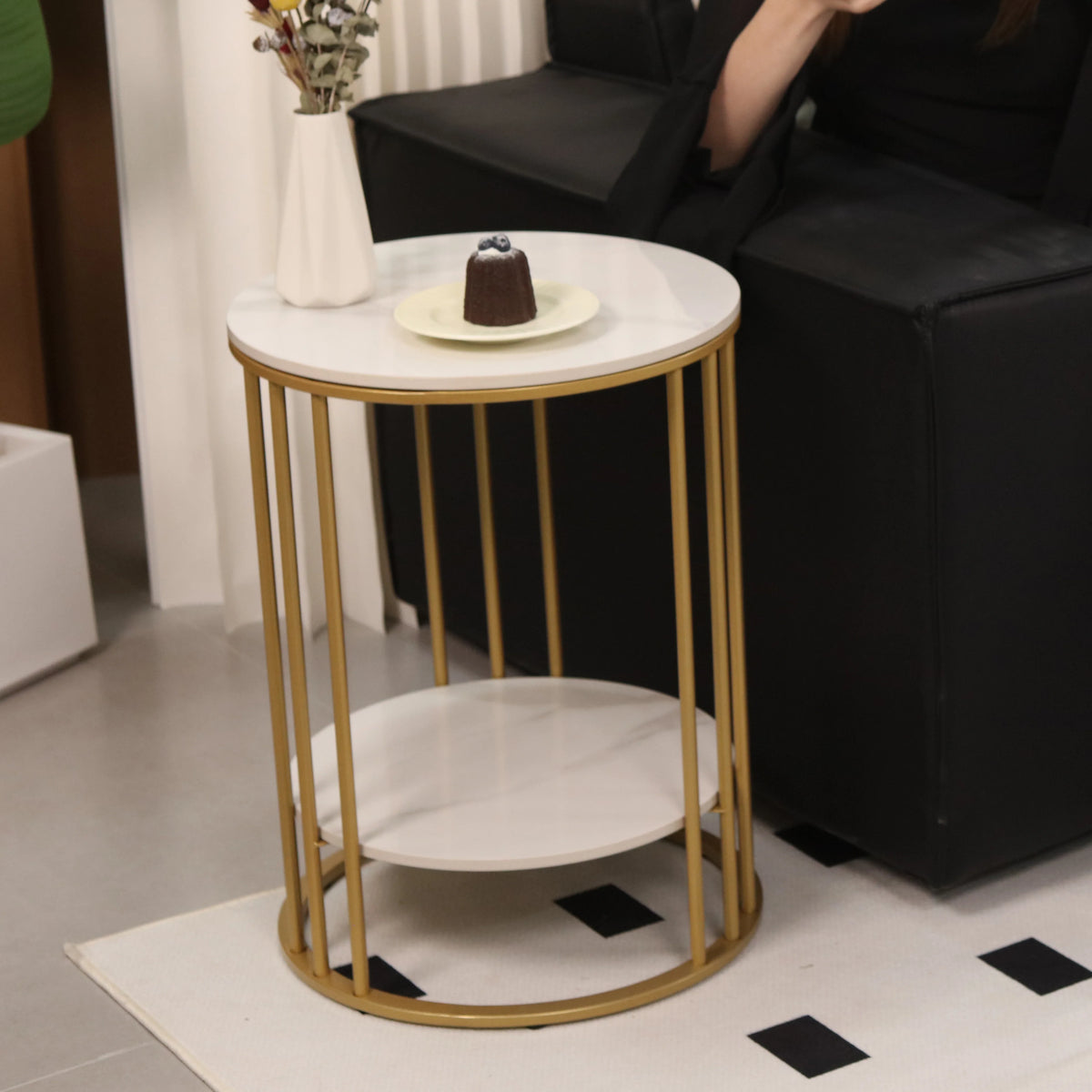 Bijzettafel Rond - Salontafels - Tafeltje Rond - Bijzettafeltjes Woonkamer - Legplank 2 Niveaus - Sieraden Opberger - Metalen Frame - Gold.