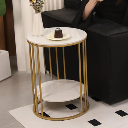 Bijzettafel Rond - Salontafels - Tafeltje Rond - Bijzettafeltjes Woonkamer - Legplank 2 Niveaus - Sieraden Opberger - Metalen Frame - Gold.