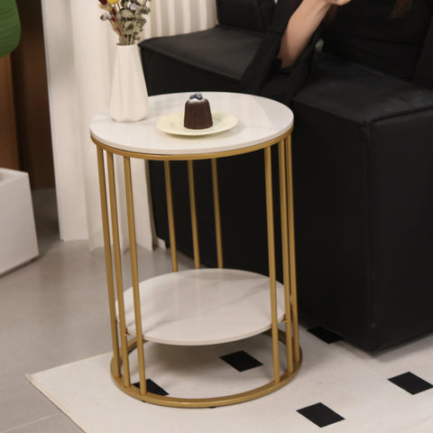 Side Table Round - Coffee Tables - Round Table - Side Tables Living Room - Shelf 2 Levels - Jewelry Storage - Metal Frame - Gold.