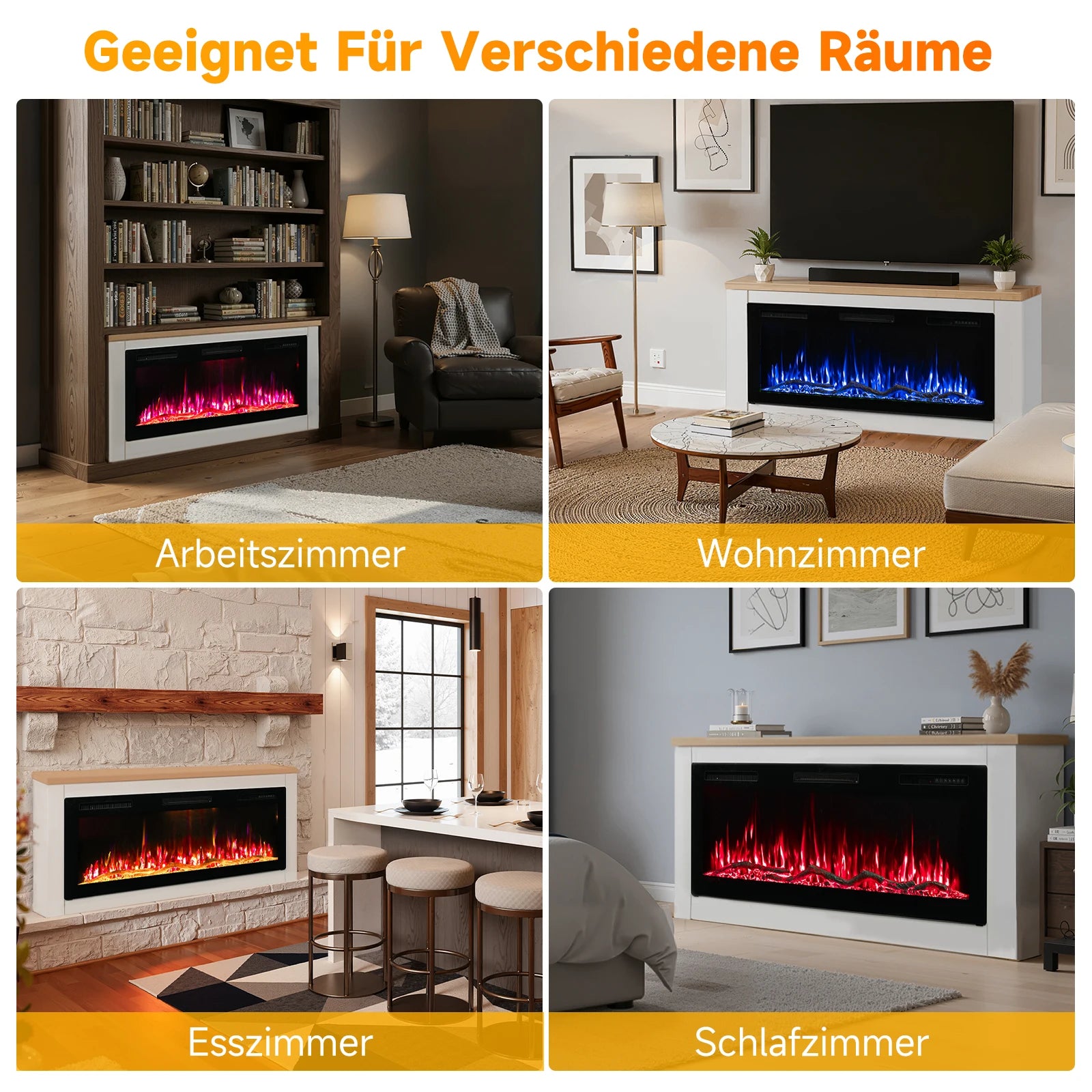 Elektrische Haard – Sfeerverwarmer – Kamin – Inbouwhaard – Vuurtafel – 150 cm Zwart – 1000/2000W Verwarming – 12 Kleuren 3D Vlammen - QUORE