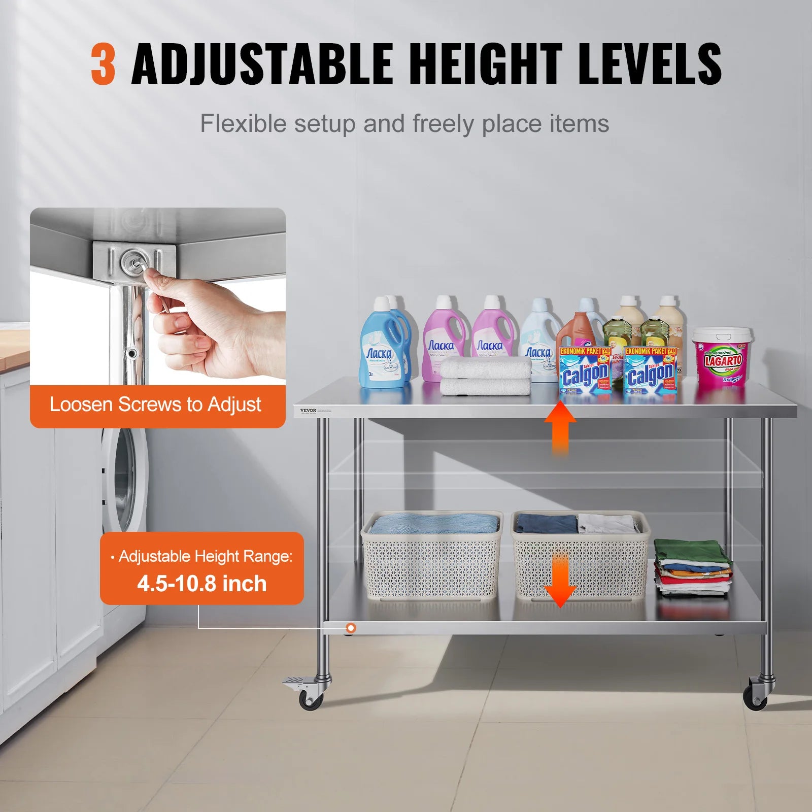 Verstelbare Werkbank – RVS Werktafel – Roestvrijstalen Tafel – Werkblad Met Wieltjes – Verstelbare Hoogte – 1524x762 mm - QUORE