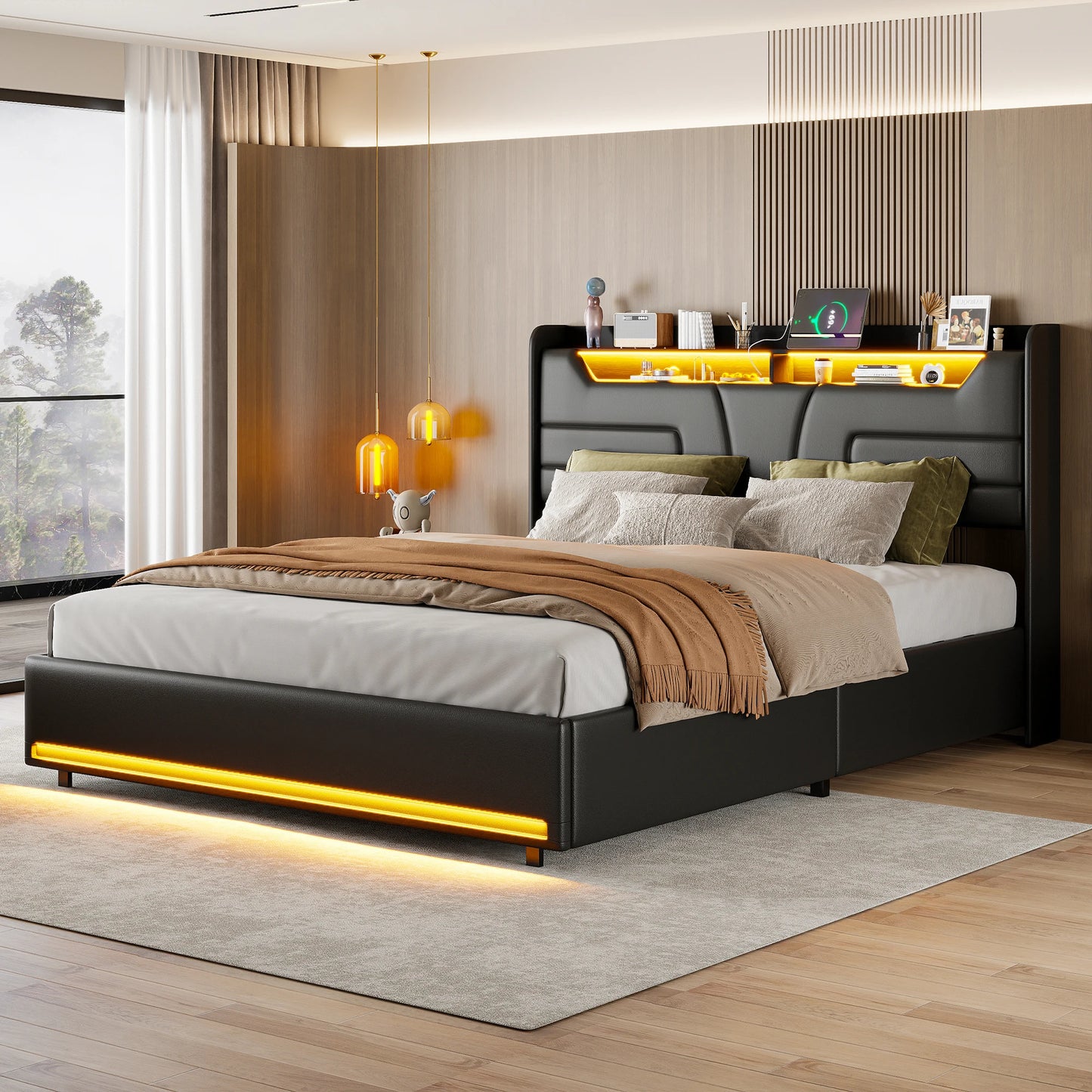 fangange Upholstered double bed, 140x200 cm, 160x200 cm, with storage space, upholstered headboard, with slatted frame, PU