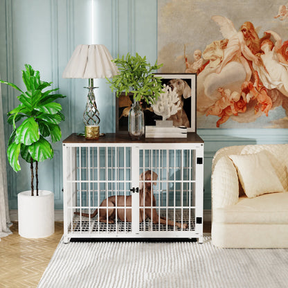 Hondenkennel - Hondenren - Hondenhok - Buitenren - Metalen - Meubelstijl Eindtafel – Met Drie Deuren, Sloten en Verwijderbare Tray - Kennel - Groot Formaat - Wit - QUORE