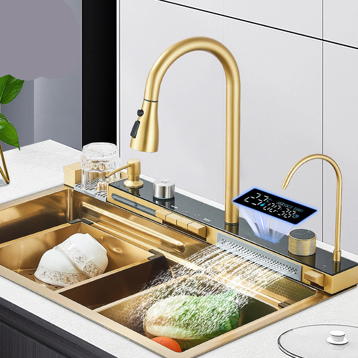Keukenspoelbak - met Kraan - Digitaal Display - Temperatuurregeling - Waterval Waterfilter - Zeepdispenser – Grote Capaciteit - RVS - Goud