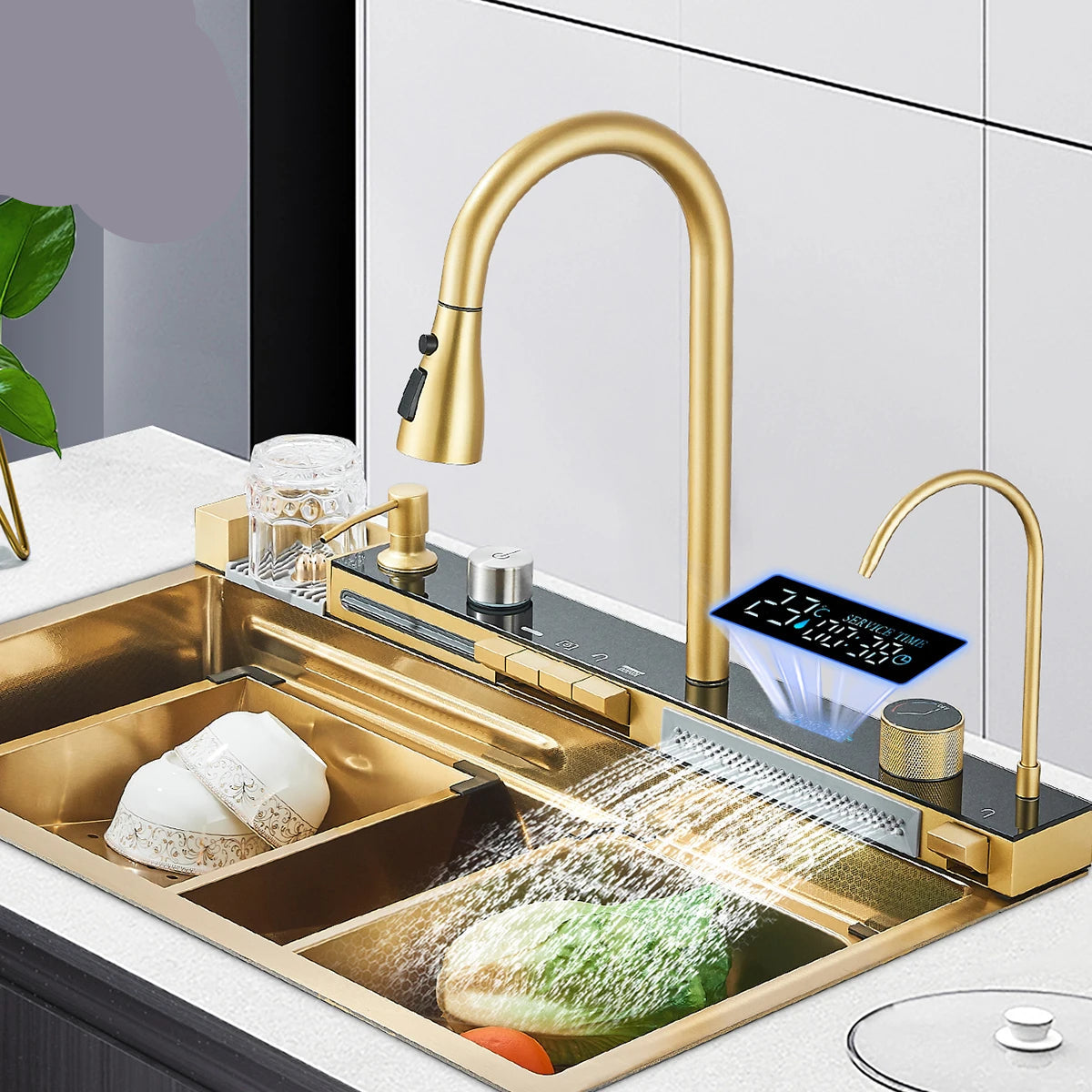 Keukenspoelbak - met Kraan - Digitaal Display - Temperatuurregeling - Waterval Waterfilter - Zeepdispenser – Grote Capaciteit - RVS - Gijs