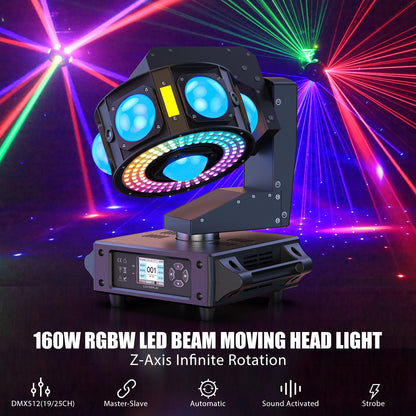 Moving Head Licht – DJ Licht – Podiumverlichting – Clubverlichting – Feestverlichting – 160W RGBW Beam – Drie-Assige 540° Rotatie – DMX512 Controle – Compact Metalen Behuizing – Veilige EU Stekker