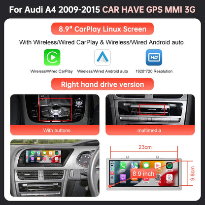 8.9'' 12.3'' Touch Screen Car Multimedia Display For Audi A4 S4 B8 2008-2016 With Wireless Carplay Andriod Auto Airplay Autolink
