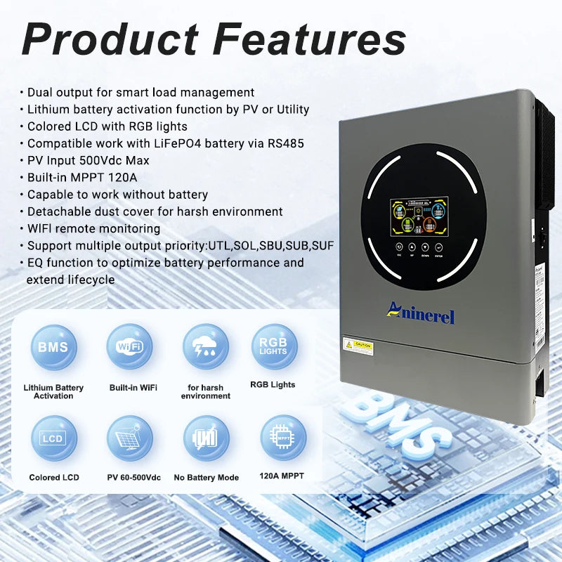 Hybride Solar Inverter – Zonne-omvormer – Omvormer – PV Inverter – 6,2 kW 48V Variant – Dual Output – Geavanceerde MPPT 120A