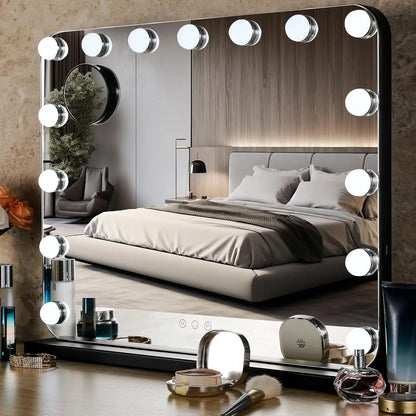 Make-up Spiegel - Spiegel - Hollywood Spiegel - Badkamerspiegel - met Verlichting - 3 Lichtkleuren - 15 Dimbare - Tafel- en Wandmontage - Touchbediening - USB Poort - Zwart