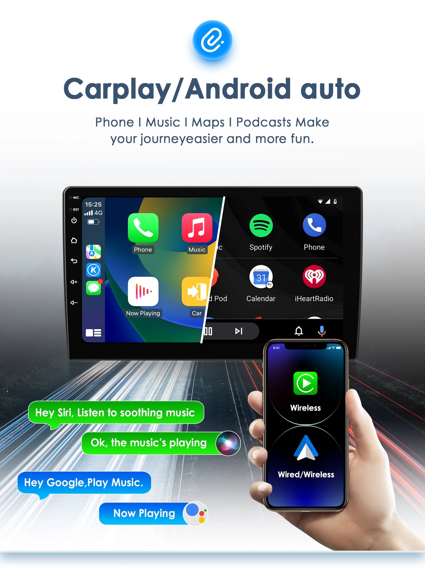 9 inch Android autoradio – Multimedia speler – Navigatiesysteem – Touchscreen stereo – Draadloze CarPlay – 4G optie – Helder HD scherm – Stemcontrole