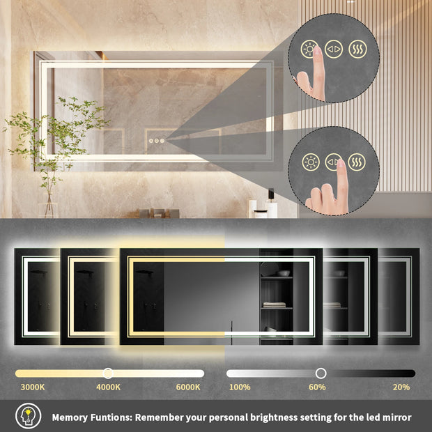 Badkamerspiegel LED – Badkamerspiegel - Badkamerspiegel met Verlichting - Dimbaar - Anti-condens – Backlit - Voorverlichting – Geheugenfunctie – Frameloos – XL - Wandmontage - 42x20 inch