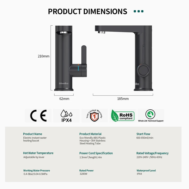 Warm Waterdispenser - Instant Waterkoker Heet Water - Warmwaterdispenser met Digitale Temperatuurweergave - 220V - Mat zwart - QUORE