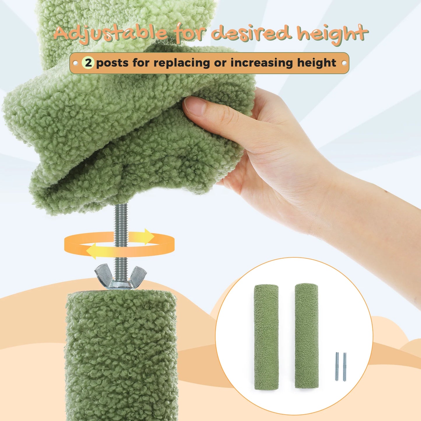 Cactus Kattentoren – Verstelbare Krabpaal met Sisal, Hangmat en 2 Mandjes – Kattenkrabpaal voor Meerdere Katten – Hoogte 216-285 cm – Kattenmeubel – Groen