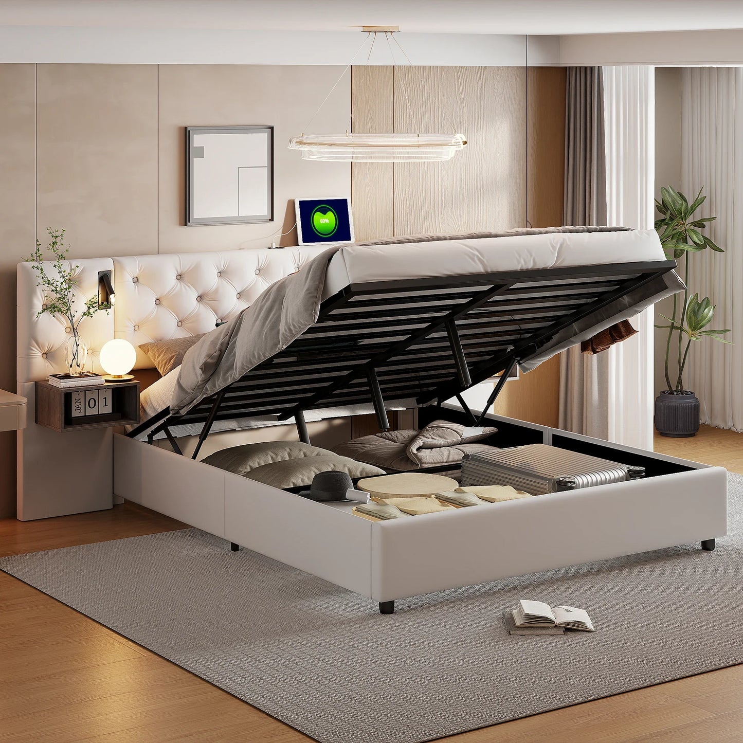 Bedframe – Opbergbed – Gestoffeerd Bed – Tweepersoonsbed – Hydraulische Lift – Velvet Hoofdeinde – USB Poort - 160×200cm