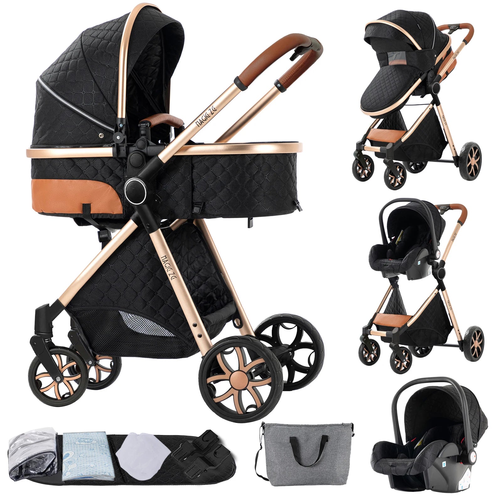 Portable 3 in 1 Baby Stroller with Bassinet and Car Seat Warm Baby Pram High Landscape Infant Pushchair Compact Folding Stroller - QUORE