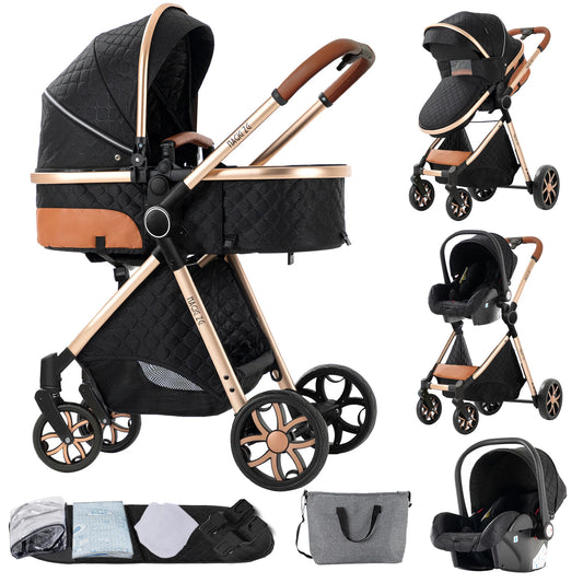 Portable 3 in 1 Baby Stroller with Bassinet and Car Seat Warm Baby Pram High Landscape Infant Pushchair Compact Folding Stroller - QUORE