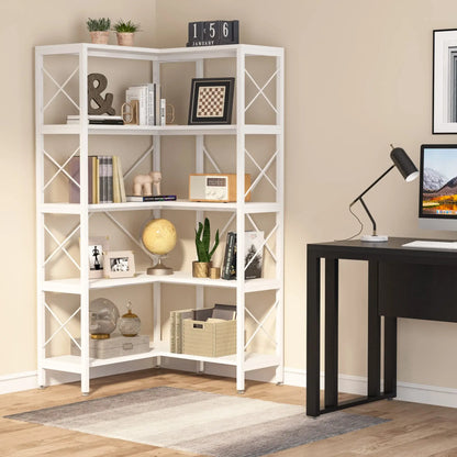 Hoekboekenkast – Hoekkast – Boekenrek – Opbergkast – L-Vormig – MDF Materiaal – 5 Stevige Planken