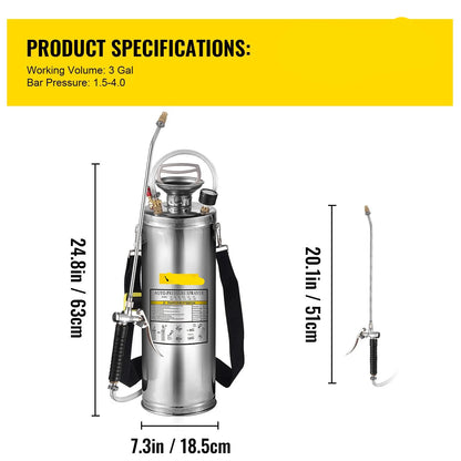 RVS Tuinsproeier - Rugspuit - Onkruidsproeier - Sproeier - Drukspuit - 10L - Handpomp - Verstelbare Messing Nozzle - voor Tuin - Reiniging - Desinfectie