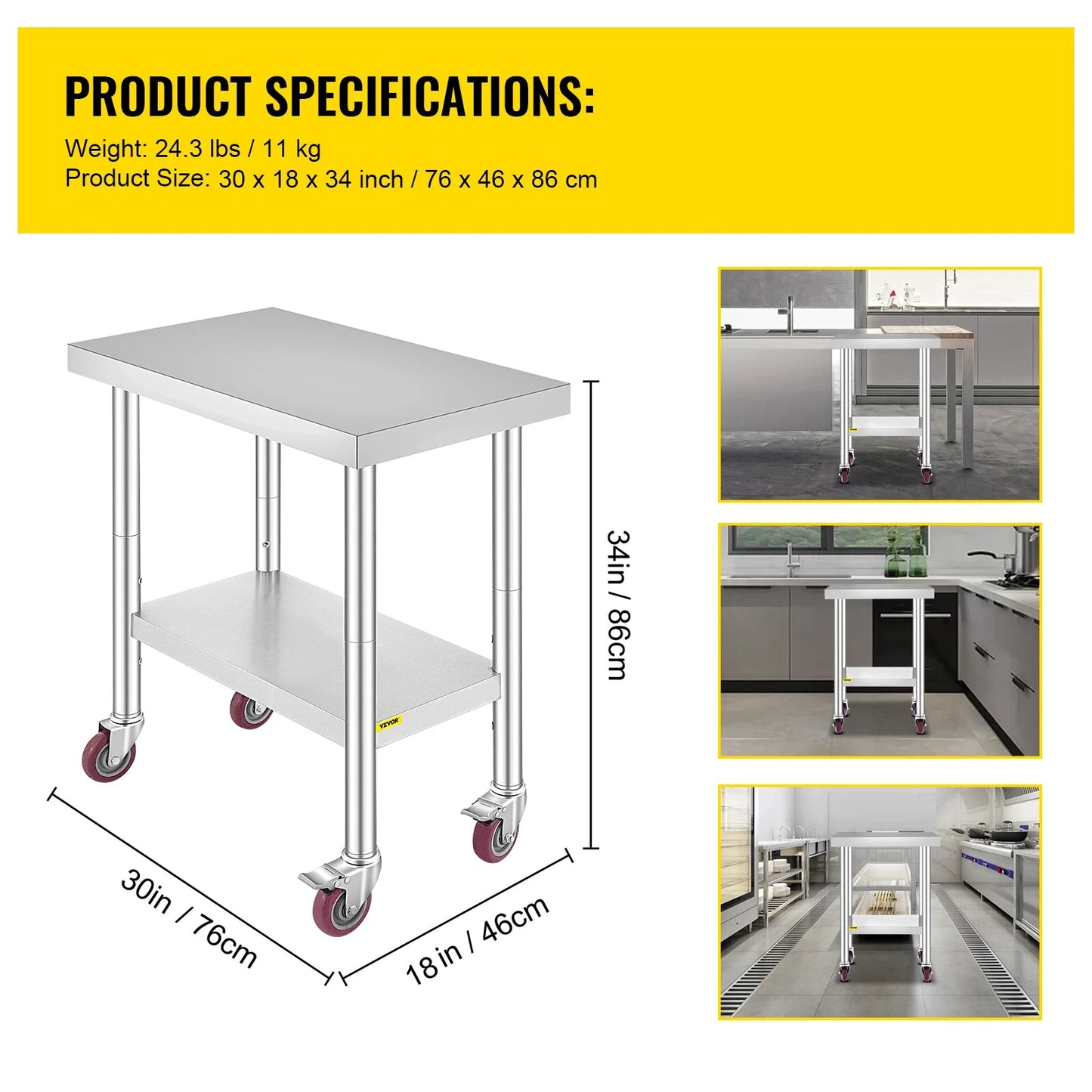 Keukentrolley - Serveerwagen - Keukeneiland - Kookeiland - Keuken Werktafel - Roestvrijstalen  Werktafel - 30 x 18 inch - Met Opslagrekken & Wielen