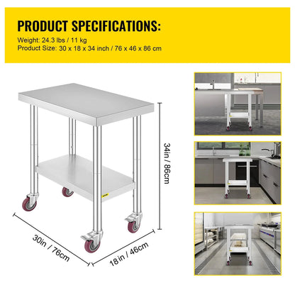Roestvrijstalen Werktafel - Keukentrolley - Keukeneiland - Serveerwagen - Keuken Werktafel - Kookeiland - Verstelbare Legplank - met Wielen - voor Restaurant - Garage - Opslag - Keuken - 30 x 18 Inch