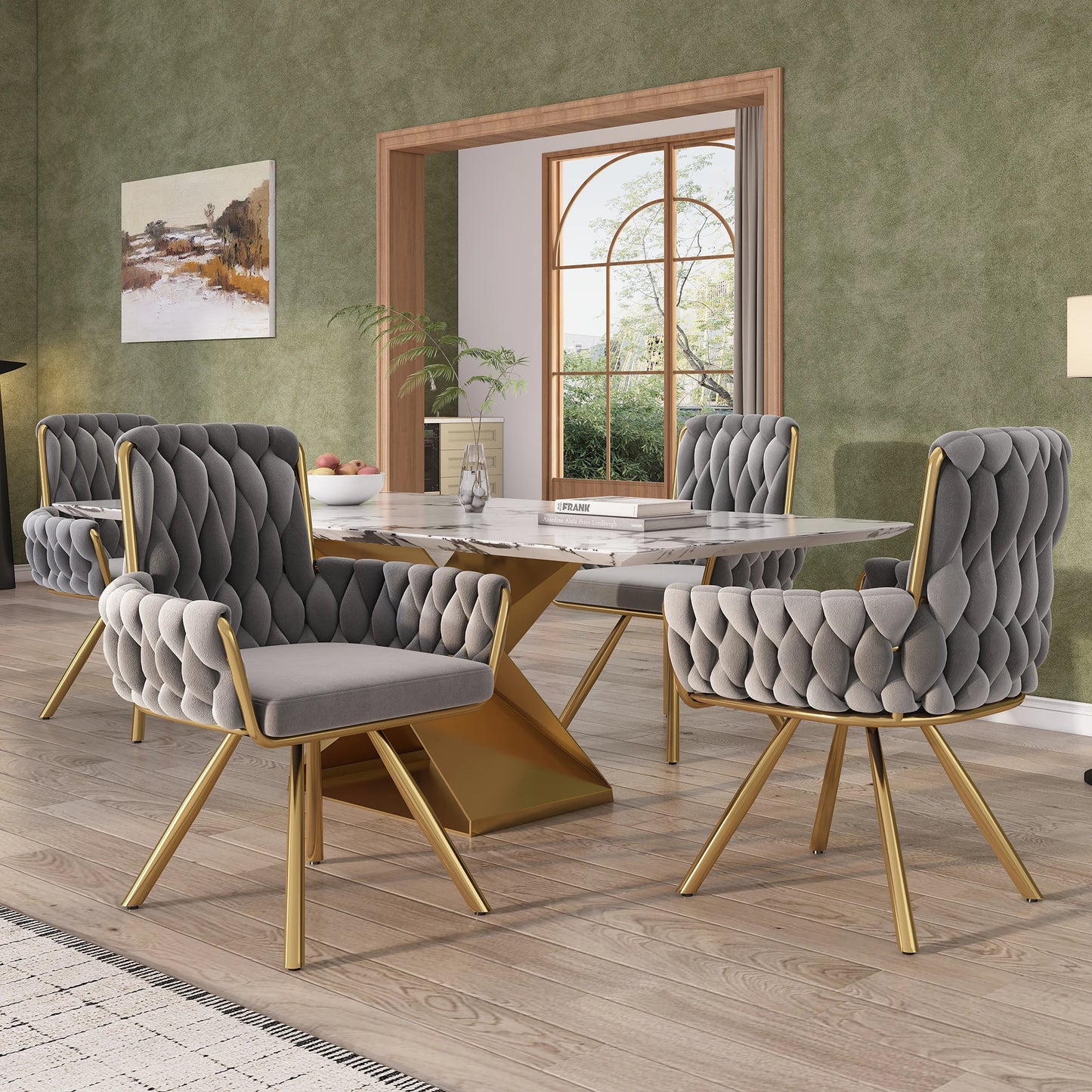 Eetkamerstoel – Set van 4 - Fluwelen Stoel – Comfortabele Stoel – Draaistoel – 360° Draaibaar – Hoge Rugleuning – Stalen Frame - Grijs