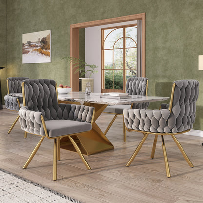 Eetkamerstoel – Set van 4 - Fluwelen Stoel – Comfortabele Stoel – Draaistoel – 360° Draaibaar – Hoge Rugleuning – Stalen Frame - Grijs