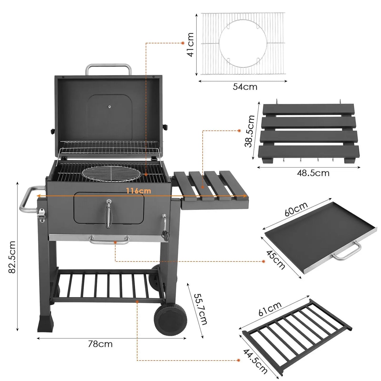 Houtskoolgrill - BBQ-rokergrill -  met 2 Grillroosters - 4 Verstelbare Ventilatieopeningen - Thermometer - Planken - Haken - Verstelbare Houtskoollade - Wielen - Groot Grilloppervlak - voor Buiten - Tuin - Achtertuingrillen - 78 x 55.7 x 82.5 cm - Zwart
