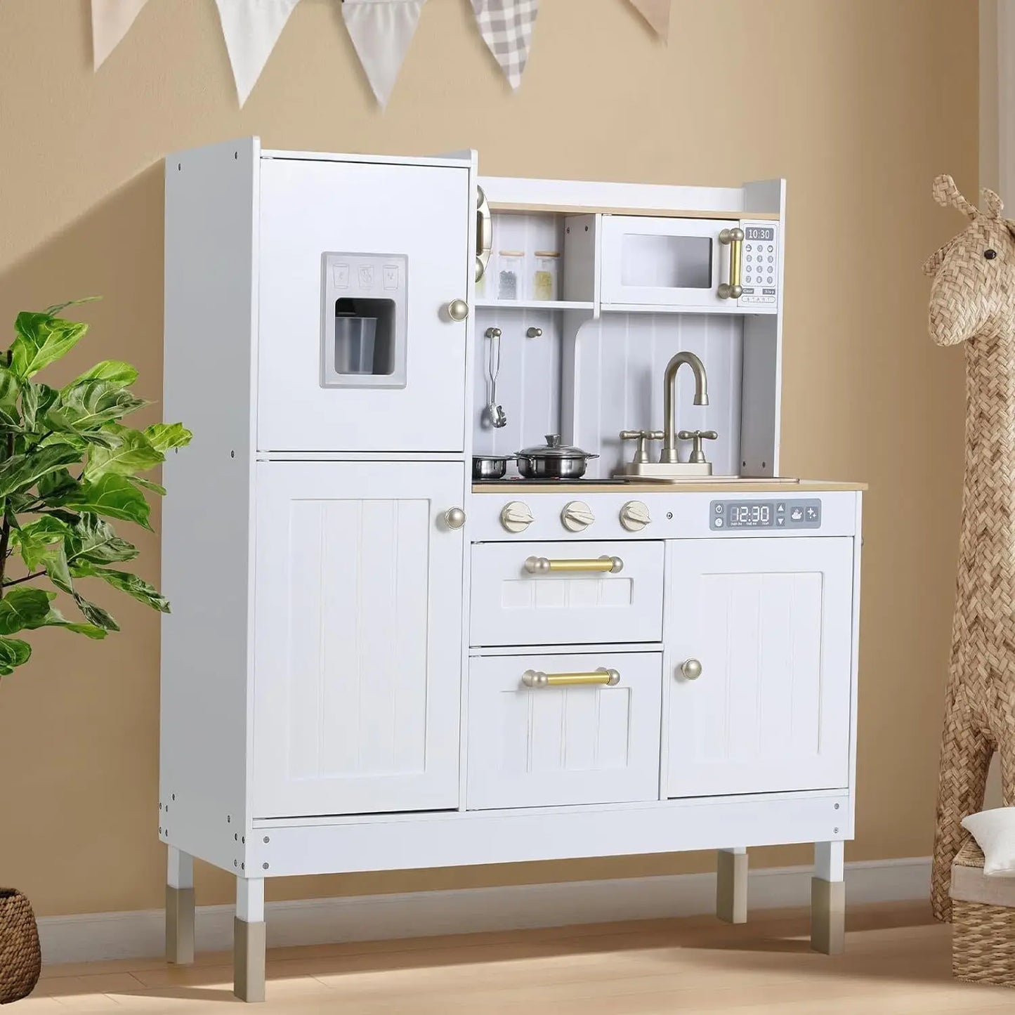 Houten Speelgoedkeuken – Speelkeuken – Kinderkeuken – Speelkeukentje – Speelgoedkeuken – MDF Hout – Licht- en Geluidseffecten – 103x88x30 cm - QUORE