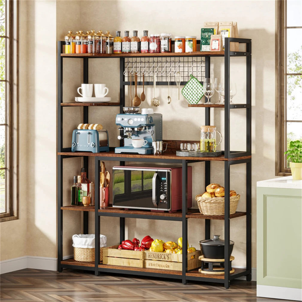 5-Laags Baker's Rack – Keukenrek – Opbergrek – Magnetronrek – Industriële Stelling – 120x30x170 cm – Metaal met MDF – 6 Haken en Anti-Kantelbeveiliging - QUORE