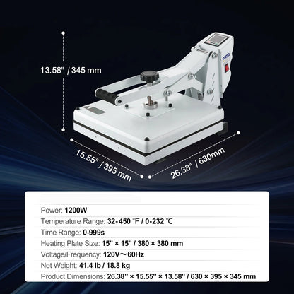 Warmtepers – Transferpers – Sublimatiepers – Textielpers – Persmachine – Grote 15 x 15 Inch Verwarmingsplaat – Digitale Temperatuur- en Timerregeling - Wit