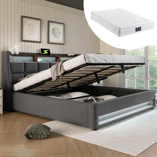 Gestoffeerd Bed – Linnen Bed – Tweepersoonsbed – Slaapkamer Meubel – Bedframe – 160x200 cm – Met Metalen Lattenbodem – Ingebouwde USB-poort & LED-Verlichting
