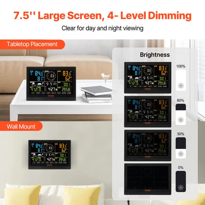 Weerstation - Draadloze - Weerstation Binnen en Buiten - 7-in-1 - met Wi-Fi - Zonne-oplaadbare Sensor en Groot 7,5" Kleurenscherm - voor Forecast Data, Alarm & Meldingen