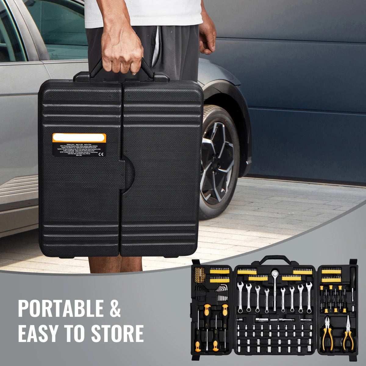 221 Piece Tool Set - Professional Mechanic Tool Kit with Bits, Ratchets, Wrenches &amp; Pliers - SAE &amp; Metric Sizes - Includes Storage Case - Black/Yellow