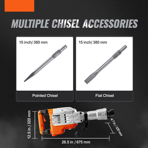 Demolition hammer - Electric breaker - Concrete breaker - With high impact force for demolition work - 1700W - 60J - Silver orange