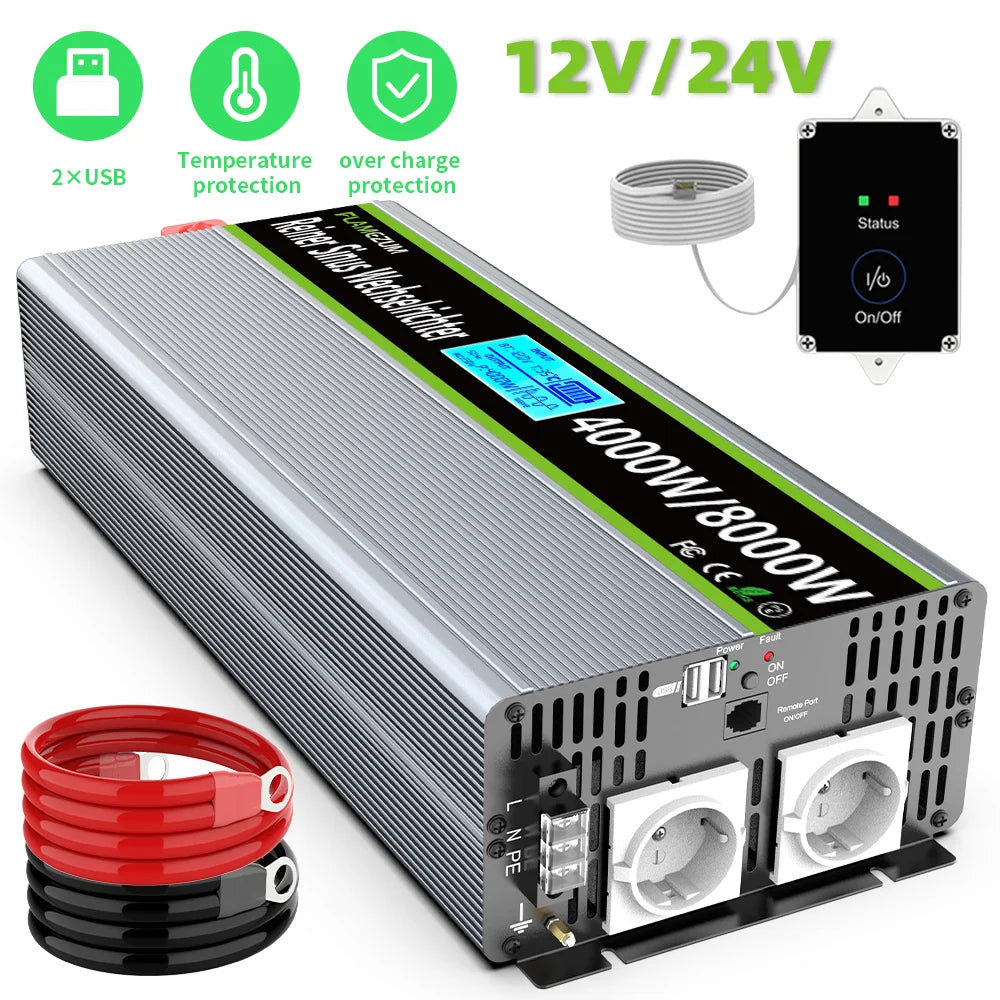 Omvormer – Spanningsomvormer – Inverter – Converter – Solar Omvormer – 4000W Continu – Zuivere Sinusgolf – 12V/24V Naar 230V – Dual USB & Afstandsbediening - QUORE