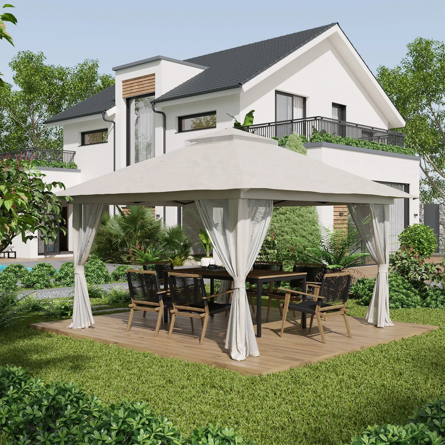 Tuinpaviljoen - Vouwtent – Pop-Up Tent – Opvouwbare Tent – Beschutting Tent – Verstelbare Hoogte – Waterafstotend Oxford Polyester – Metalen Frame - 4 x 4 m - Crème - QUORE