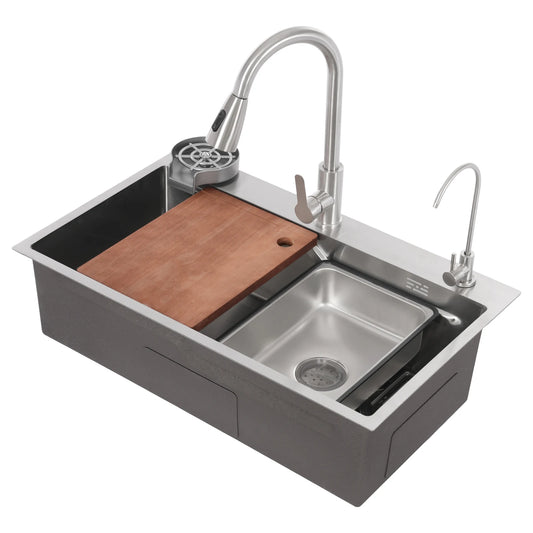 Multifunctionele Spoelbak – RVS Spoelbak – Keukenspoelbak – Inbouw Spoelbak – Horeca Spoelbak – Grote Afmeting 75x45x22 cm – Krasbestendig Met Uittrekbare Kraan - QUORE