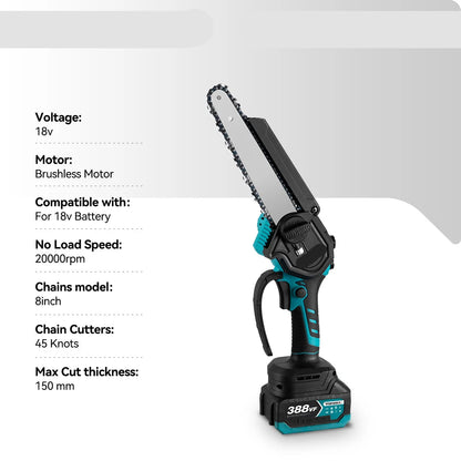 Kettingzaag - Snoeizaag - Takkenzaag - Handzaag - Draadloze - Elektrische - Mini - Brushless Motor – 8 Inch - Tuin- en Snoeizaag – Inclusief 2x 18V Accu - QUORE