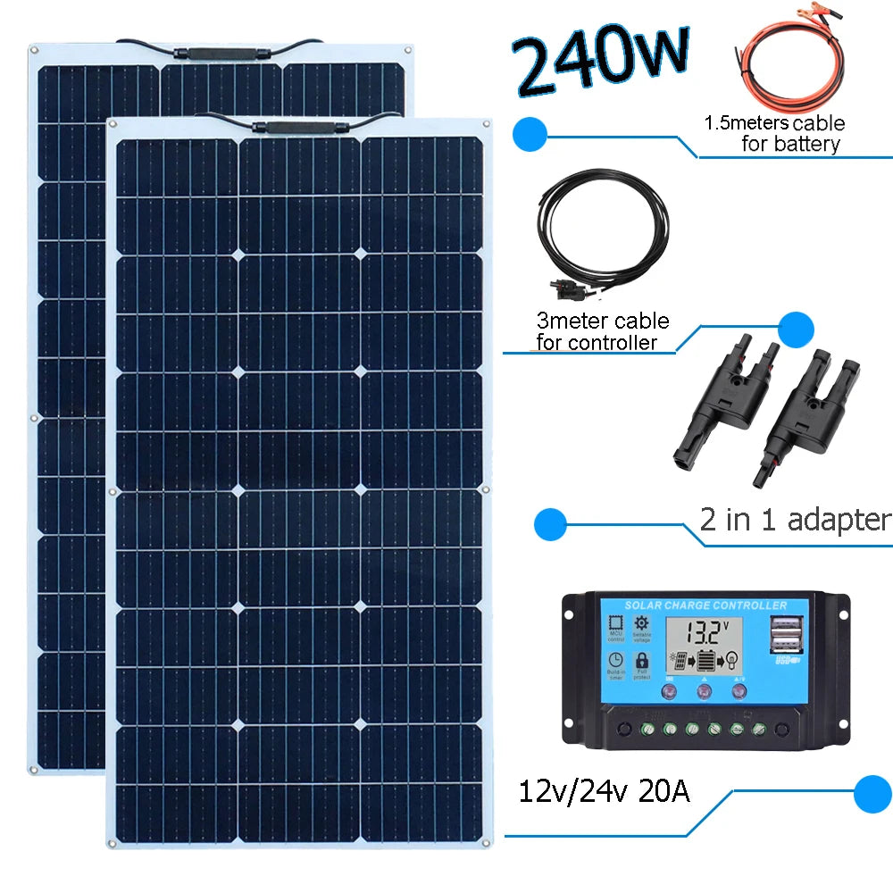 Zonnepaneel - Zonnepanelen - Zonne-energie - Zonne-kit - 12V Controller - Fotovoltaïsch Paneelsysteem - 240W -  Waterdicht - voor Boot - Camper - Caravan - RV - Tuin
