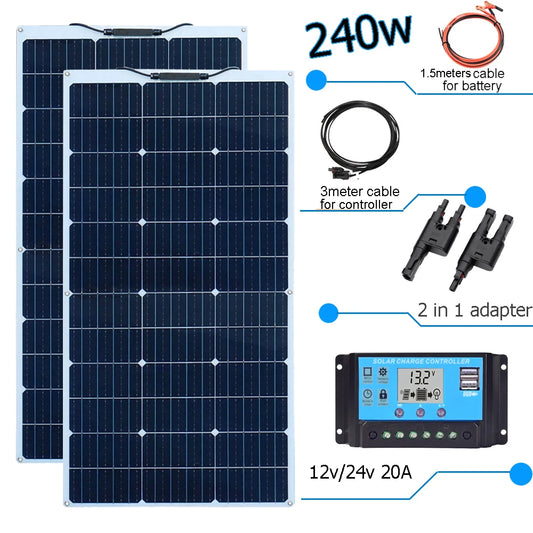 Zonnepaneel - Zonnepanelen - Zonne-energie - Zonne-kit - 12V Controller - Fotovoltaïsch Paneelsysteem - 240W -  Waterdicht - voor Boot - Camper - Caravan - RV - Tuin