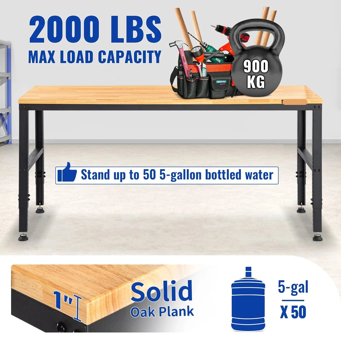 Verstelbare Werkbank - Werktafel - Industriële Werkbank - Garage Werkbank - 48x20inch - 2000lbs - Industrieel Werkstation - Hoogte Verstelbaar - Houten Werktafel - Met Stopcontacten – Voor Garage - Schuur of Kantoor - QUORE